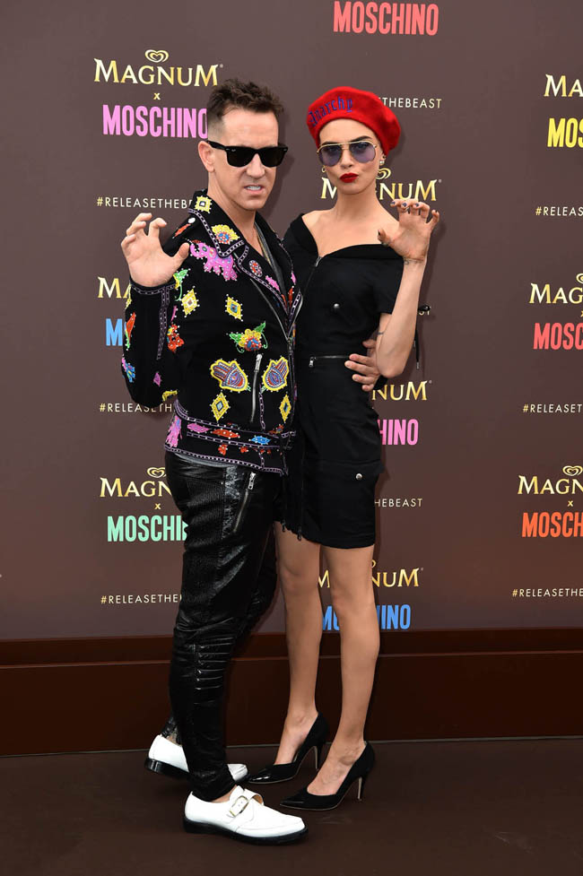 EDITORIAL USE ONLY Cara Delevingne and Jeremy Scott, Moschino Creative Director, arrive at a launch party to unveil the Magnum x Moschino bag capsule collection in celebration of Magnum Double ice cream in Cannes, France. PRESS ASSOCIATION Photo. Picture date: Thursday May 18, 2017. Photo credit should read: Matt Crossick/PA Wire